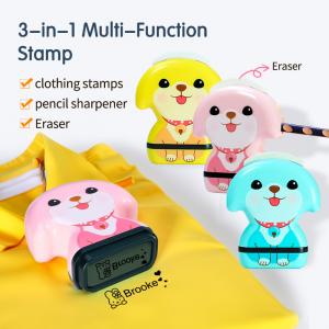  cartoon puppy shape custom logo kids clothing name stamp with pencil sharpener