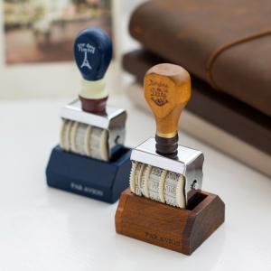 Top Selling Natural or Navy blue Wooden Roller Date Stamp with wooden base